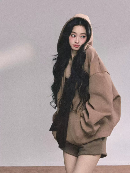 少也眼 Three-Piece Casual Hoodie Set – Loungewear Outfit in Khaki