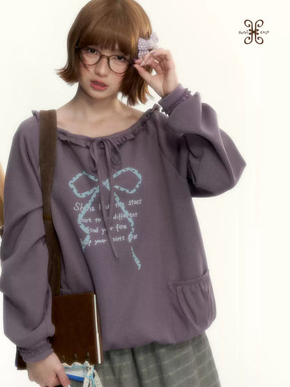 Deep Purple Bow-Tie Lettuce-Trim Off-Shoulder Sweatshirt