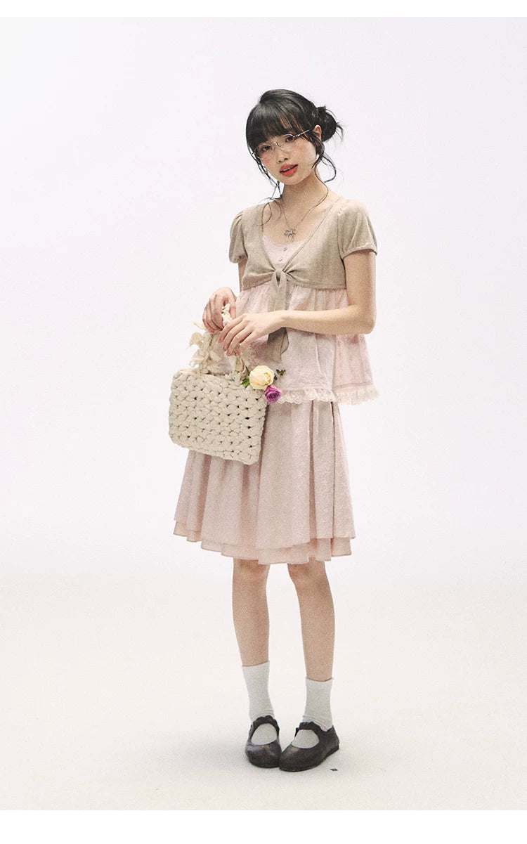 "Sweetheart Pages" Blush Pink Bow Puff Sleeve Top & A-Line Skirt Set