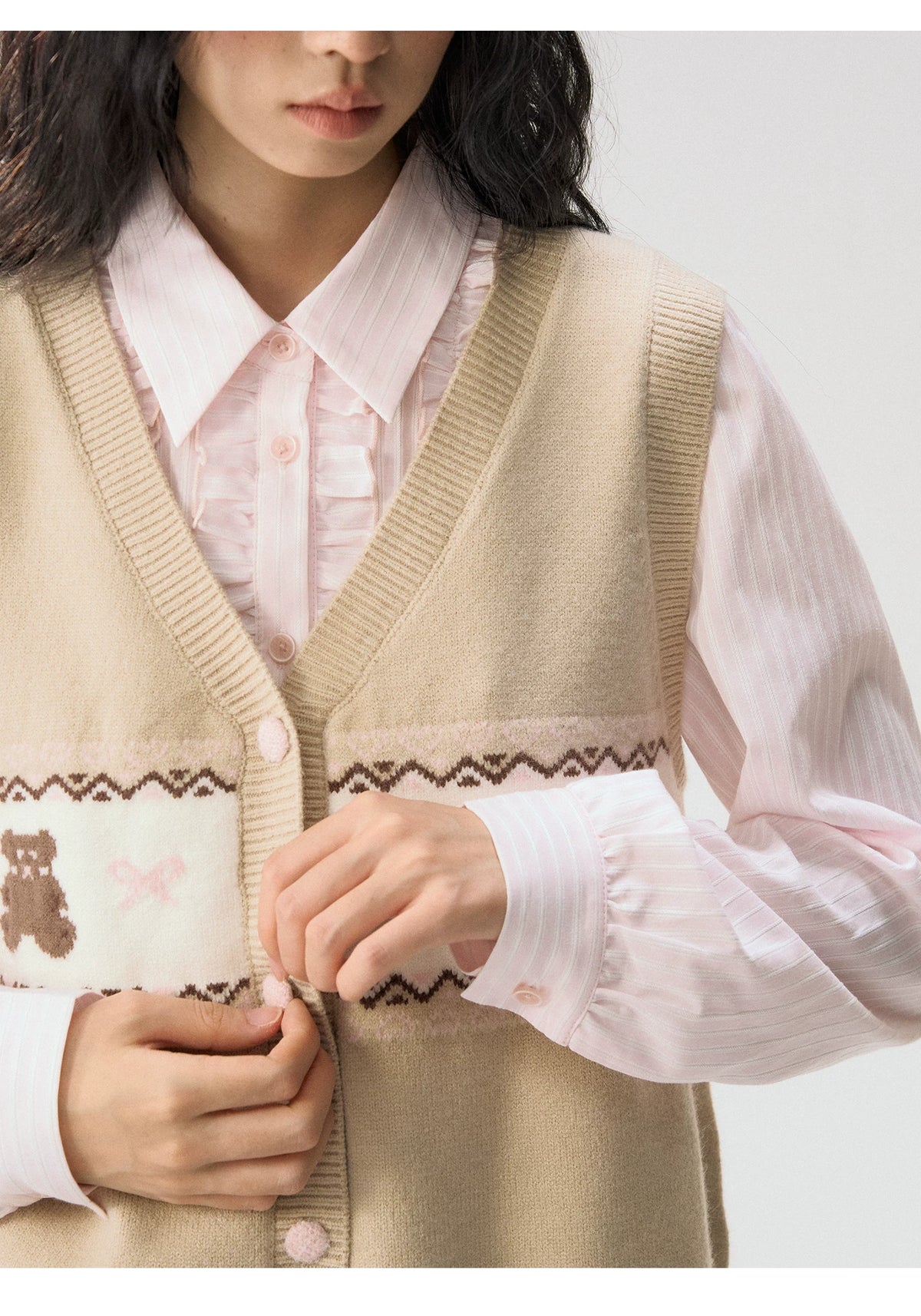 [CAN] "Bear Waltz" Brown Bow Jacquard Knit Vest