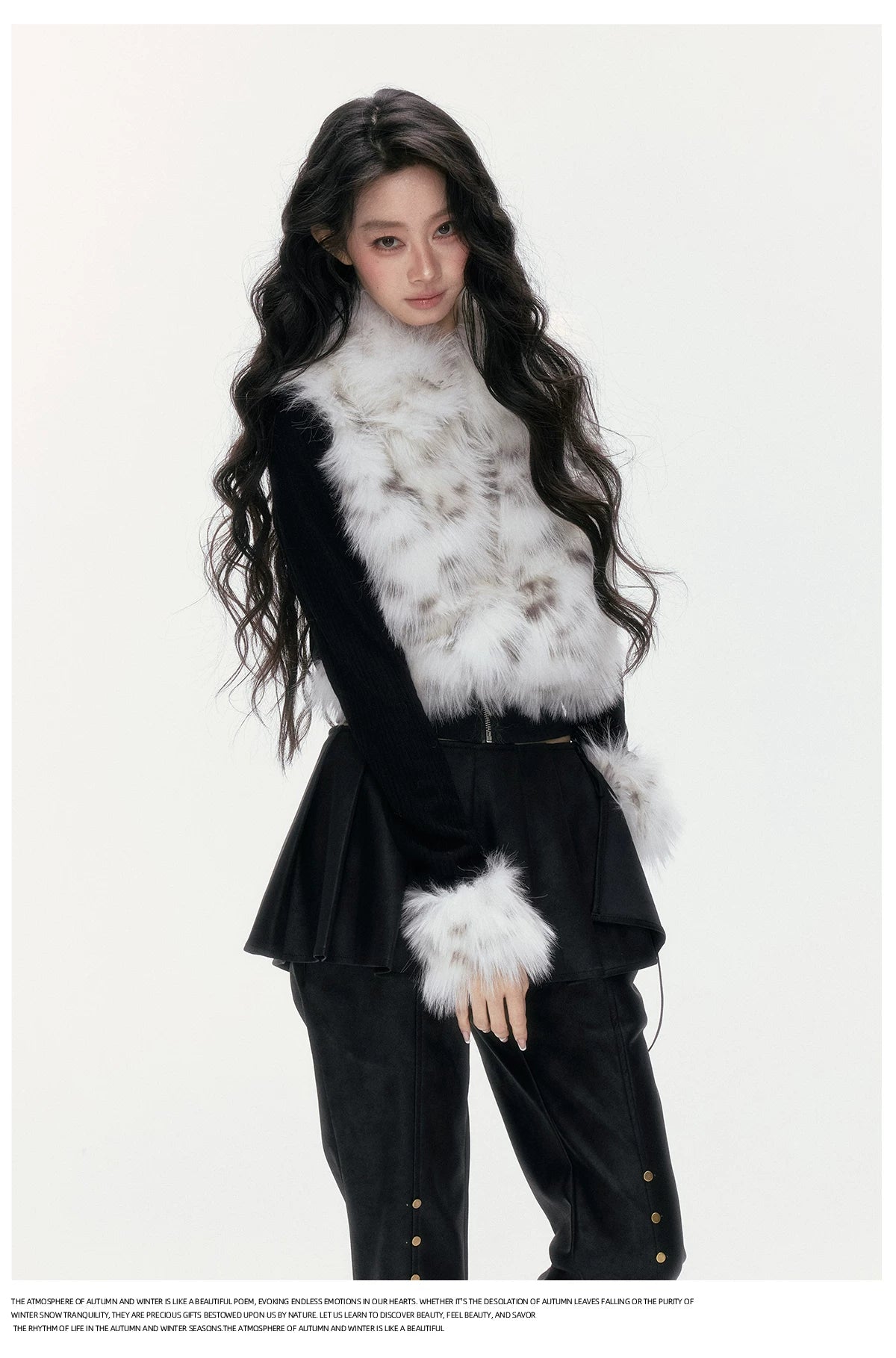 24olvides - Colorblock Faux Fur Jacket with Knit Sleeves