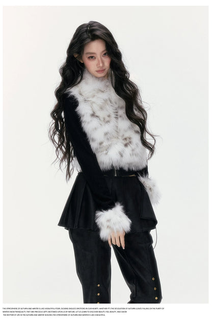 24olvides - Colorblock Faux Fur Jacket with Knit Sleeves