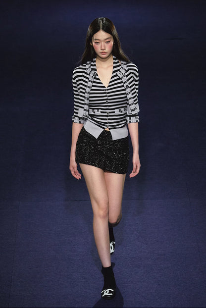 "City Contrast" Black & White Stripe Knit Cami & Cardigan Set