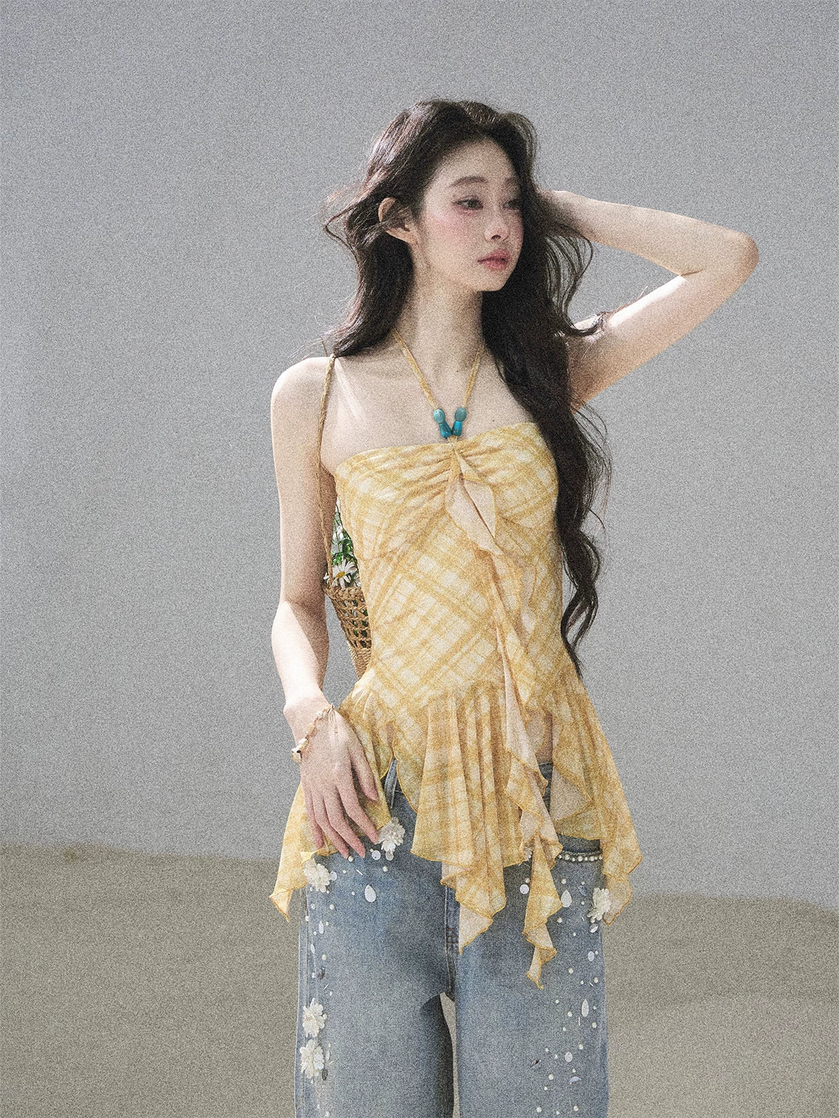 "Fields of Provence" Goose Yellow Halter Plaid Waist-Cinched Top