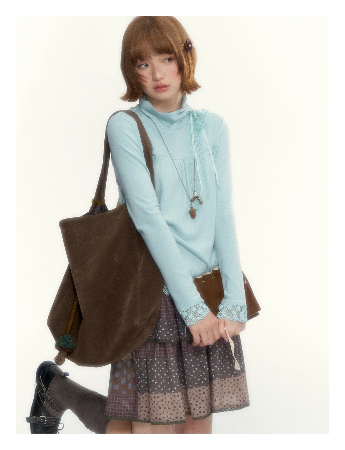 “Mint Milk Pudding” Mint Blue Lace-Trimmed Mock Neck Knit Top