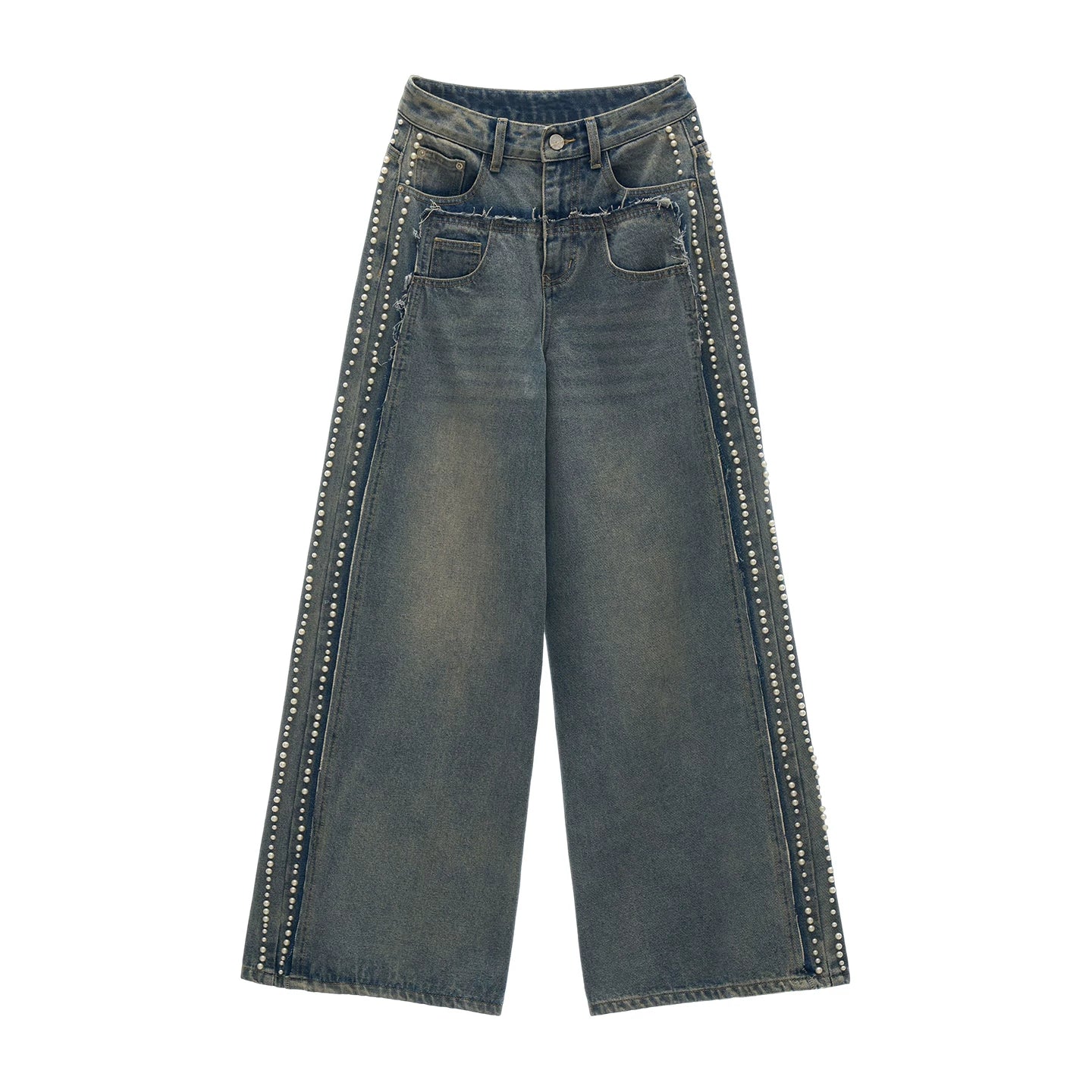 "Vintage Luxe Mood" Studded Distressed Straight-Leg Jeans WE1001