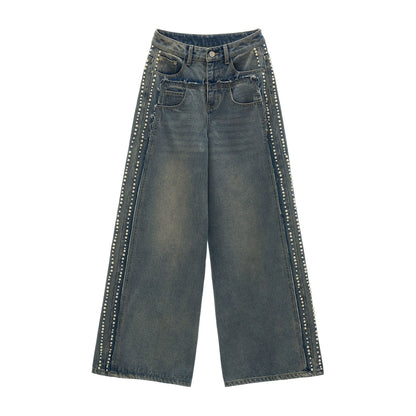 "Vintage Luxe Mood" Studded Distressed Straight-Leg Jeans WE1001