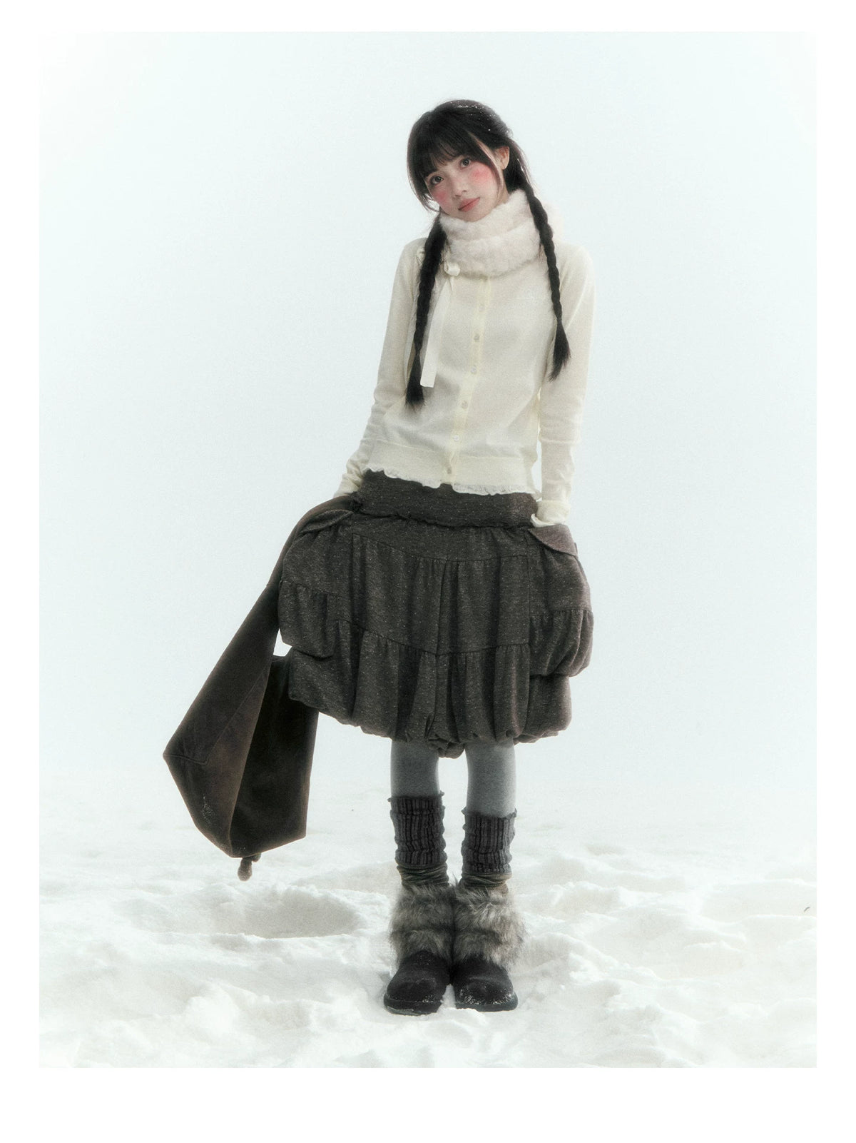 Horridale - Gray Brown Green Polka Dot Low-Rise Knit Bubble Skort