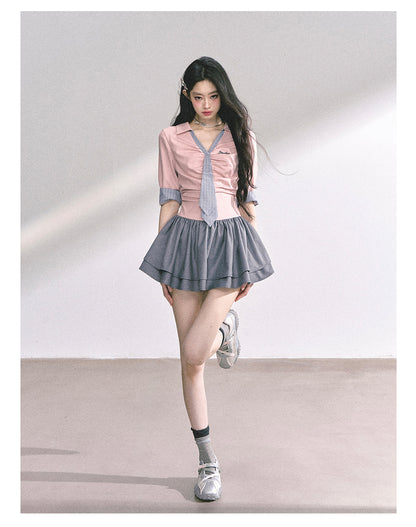 少也眼 "London Chronicle" Structured Plaid Puff-Sleeve Mini Shirt Dress - Gray Pink