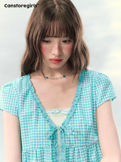 “Sea Salt Letters” Plaid Lace Layered Skirt Set  LL2026168