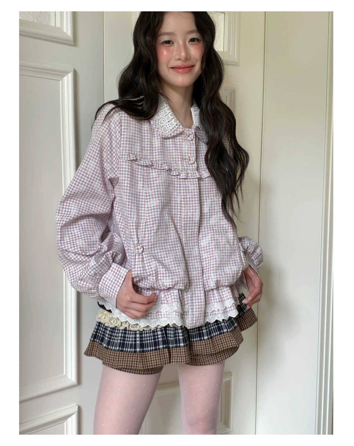 [RF] “Cream Garden Reverie” Light Purple Plaid Ruffle Lace-Trim Jacket