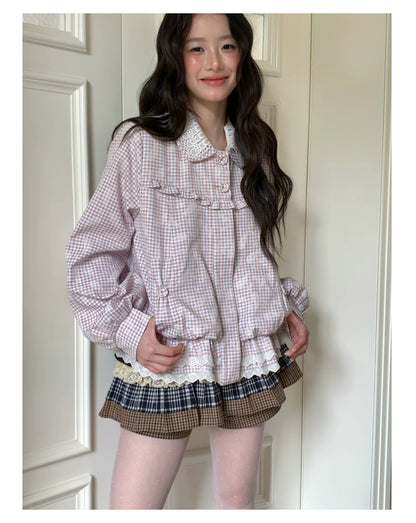 [RF] “Cream Garden Reverie” Light Purple Plaid Ruffle Lace-Trim Jacket