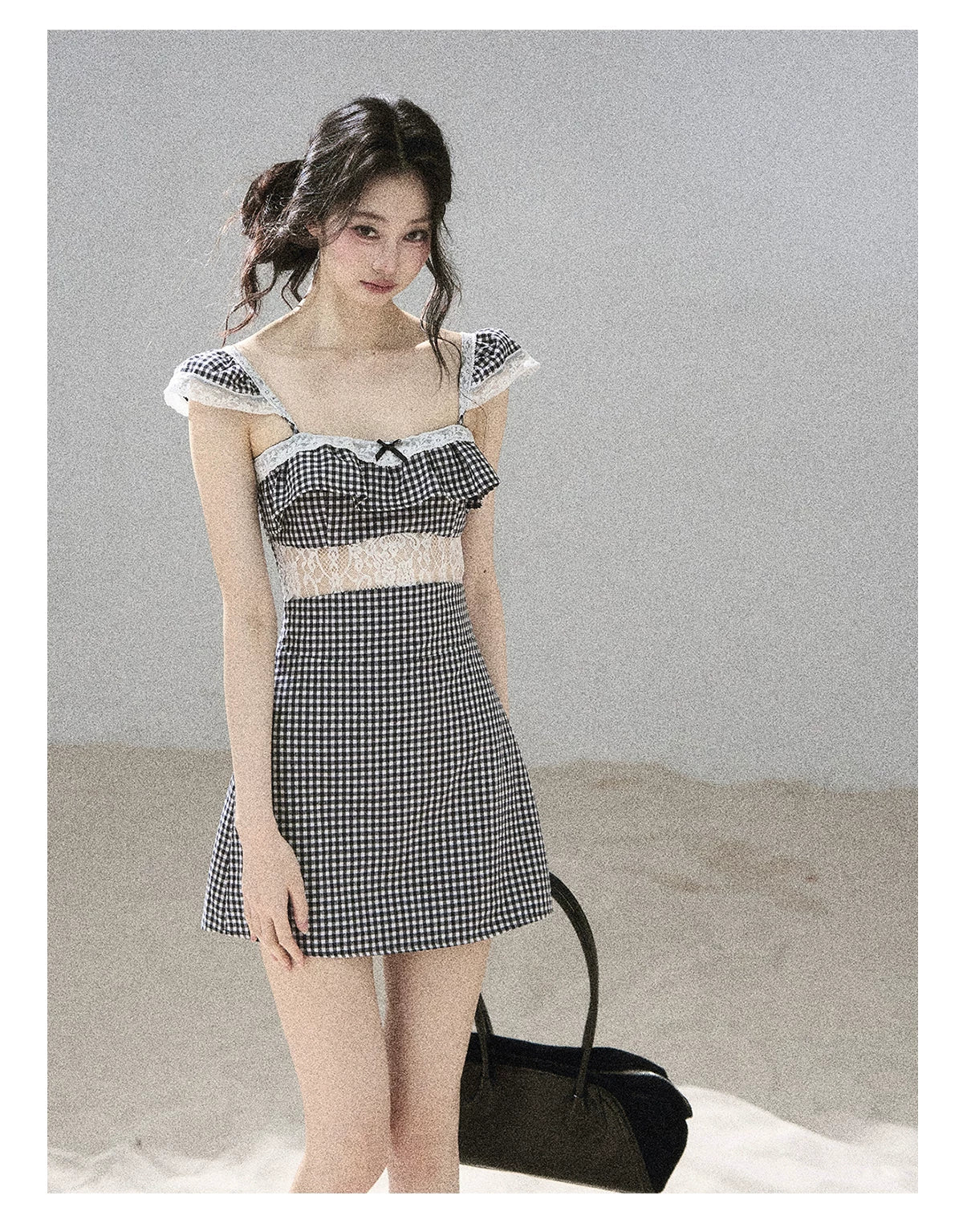"Her in the Old Film" French Lace Plaid A-Line Mini Dress
