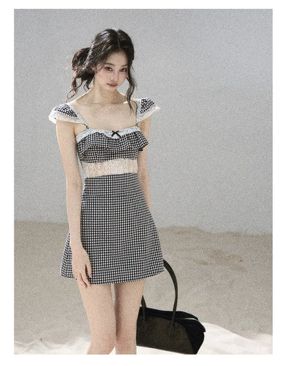 "Her in the Old Film" French Lace Plaid A-Line Mini Dress
