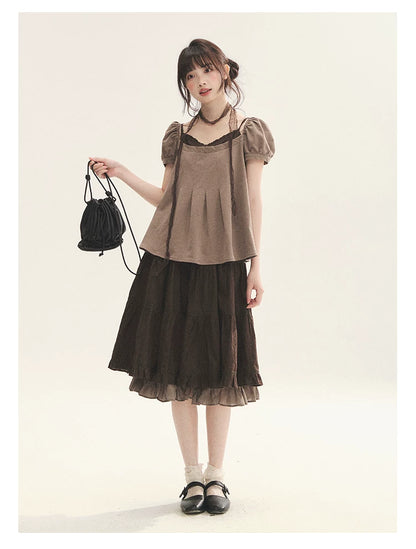 "Tea Brown Reverie" Tea Brown Off-Shoulder Puff Sleeve Knit Top