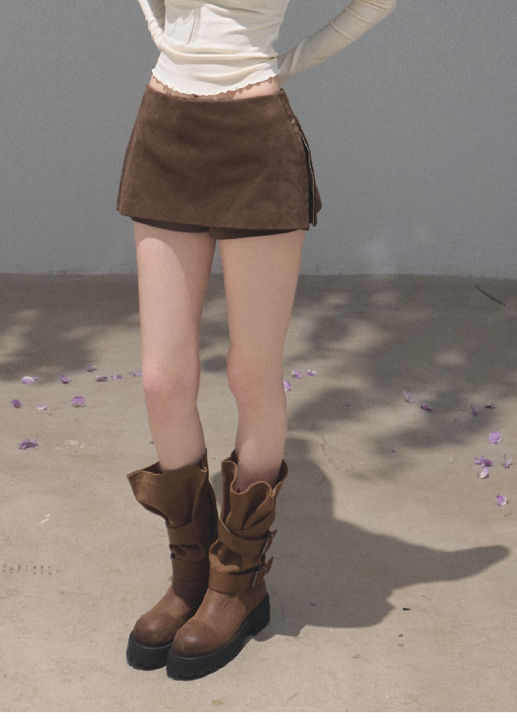 OAKMOO/ Distressed Slouchy Mid-Calf Combat Boots with Layered Straps