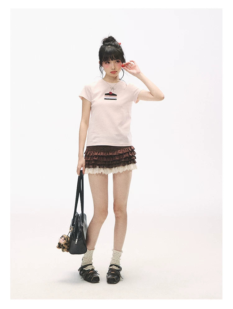 "Strawberry Shortcake Mood" Peach Pink Patchwork Cake Graphic Cotton Tee