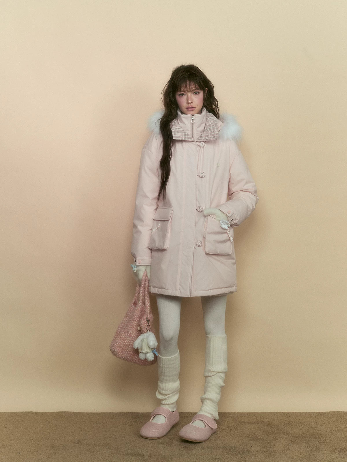 SunsetPark - Blush Pink & Plaid 90% White Duck Down Puffer Jacket (Short / Long / Navy / Glacier Blue)