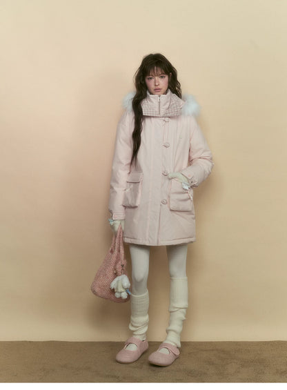 SunsetPark - Blush Pink & Plaid 90% White Duck Down Puffer Jacket (Short / Long / Navy / Glacier Blue)