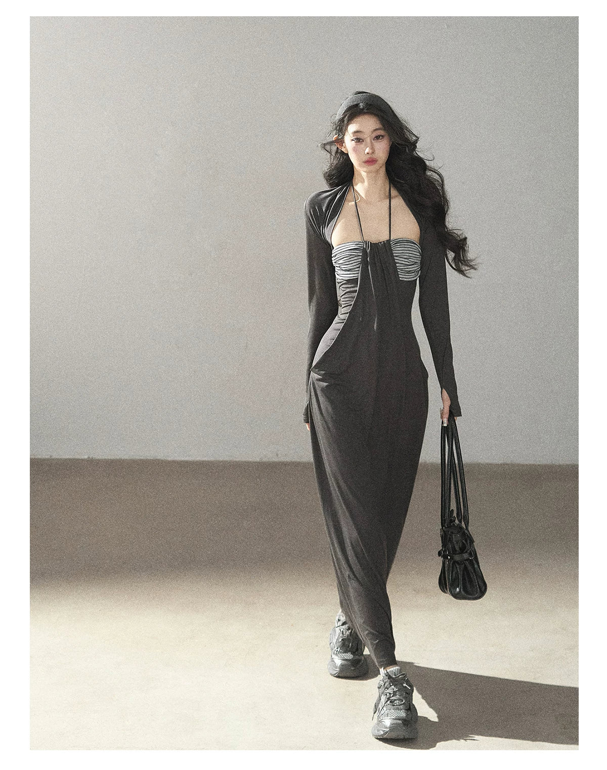 AOMALM - "Twilight River Cove" Cloud Mist Gray Striped Knit Shoulder Wrap Dress Set