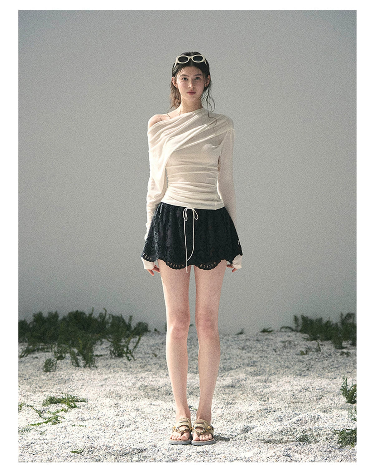 “Where Shadow Walks Beside Light” Milk Apricot Asymmetrical Top