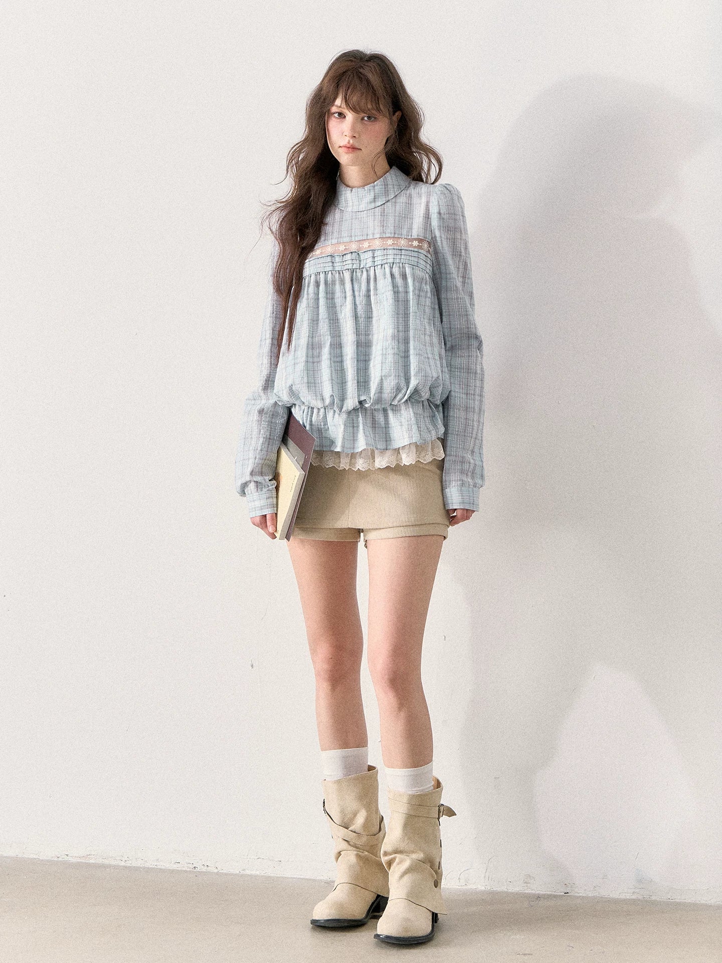 [TMMG] French Vintage Plaid Lace Ruffle Blouse (Blue Plaid)