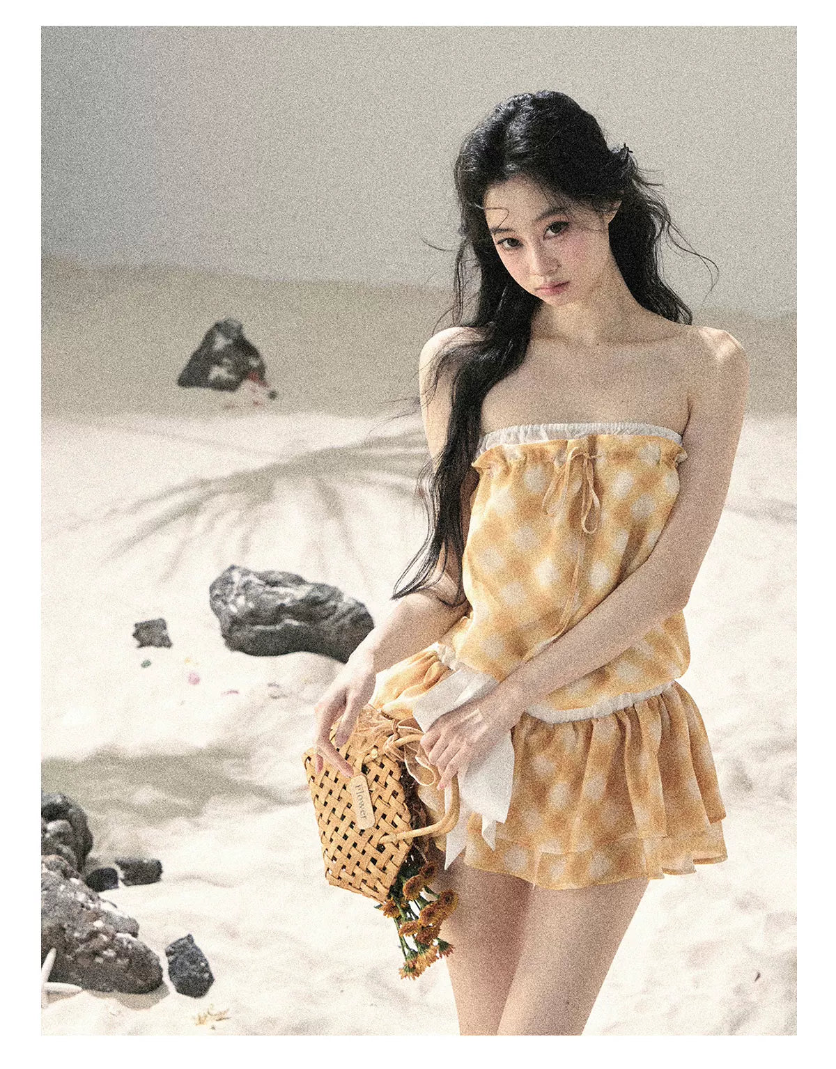 "Breeze Upon the Waves" Cheese Yellow Off-Shoulder Diamond Quilted Mini Dress