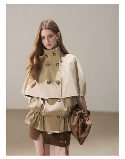 AOMALM - "Through the Oak Grove" Almond Taupe Cape Coat with Drawstring