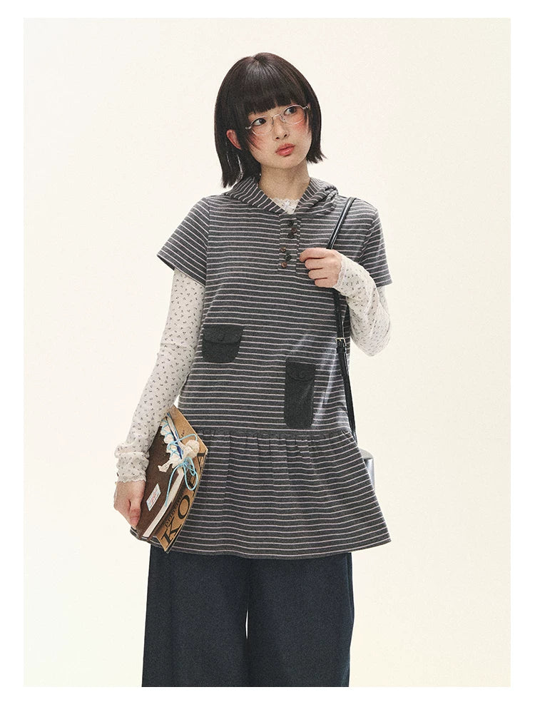 "Seoul Diary" Gray & Pink Stripe Hooded Knit Mini Dress