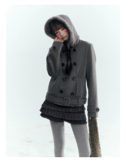 Horridale - Dark Gray Double-Breasted Hooded Wool Blend Coat