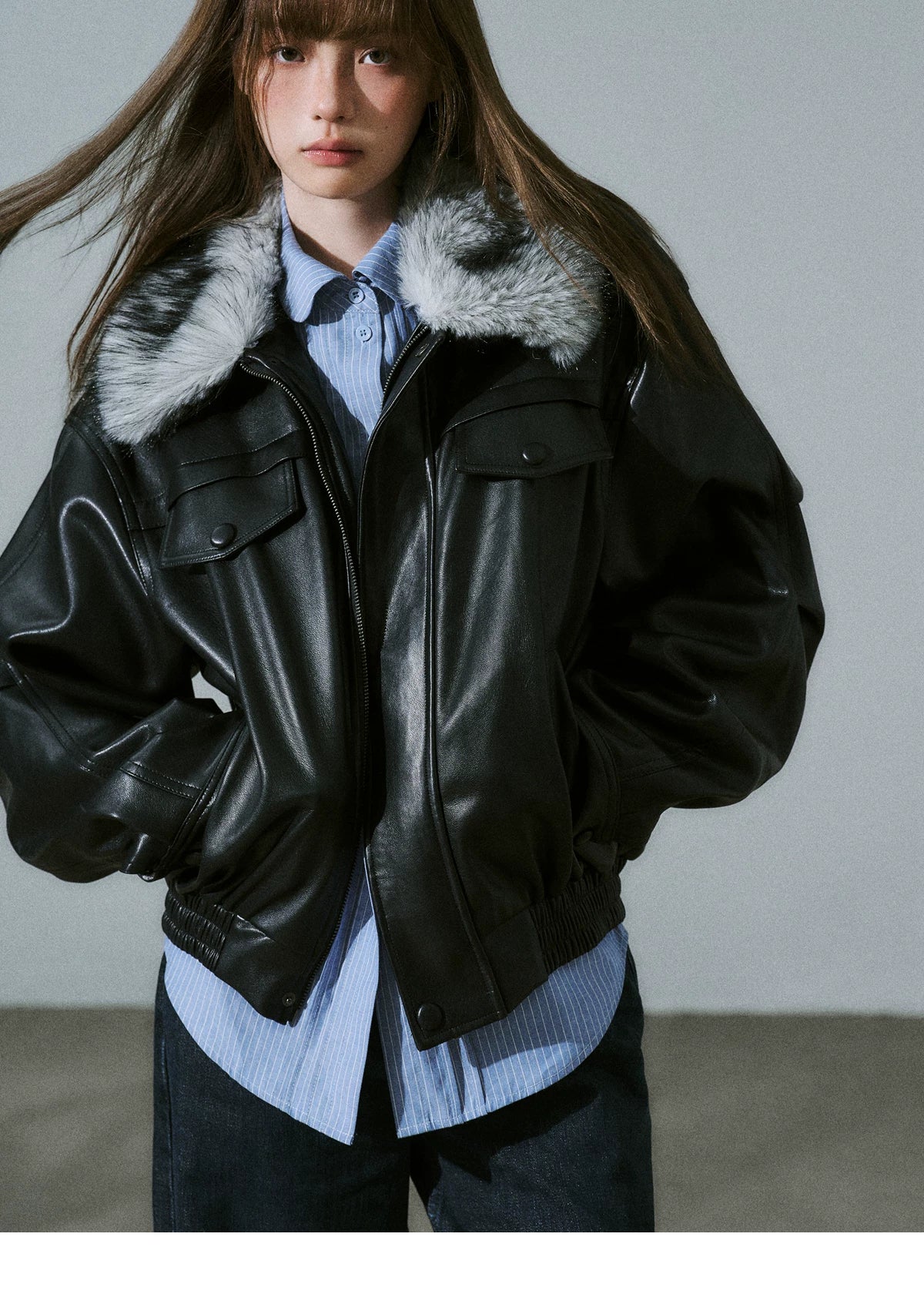 LOST FOREST - Black Faux Leather Moto Jacket with Plaid Wool Collar