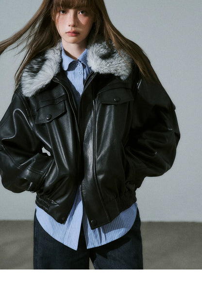 LOST FOREST - Black Faux Leather Moto Jacket with Plaid Wool Collar