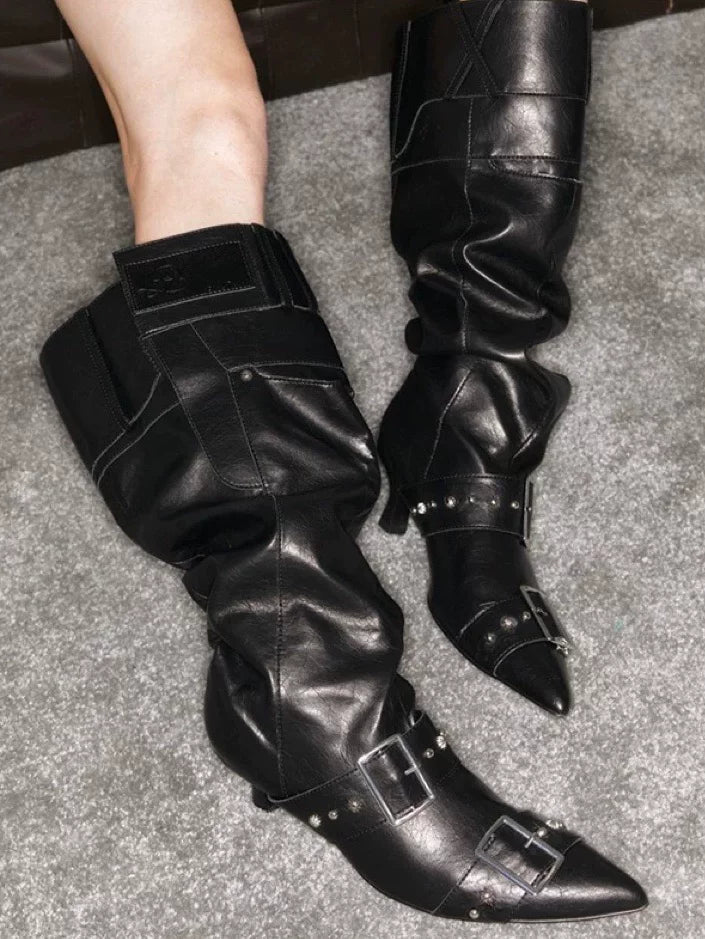 Vintage Western Slouch Knee-High Boots (Black / Ivory / Distressed Brown)