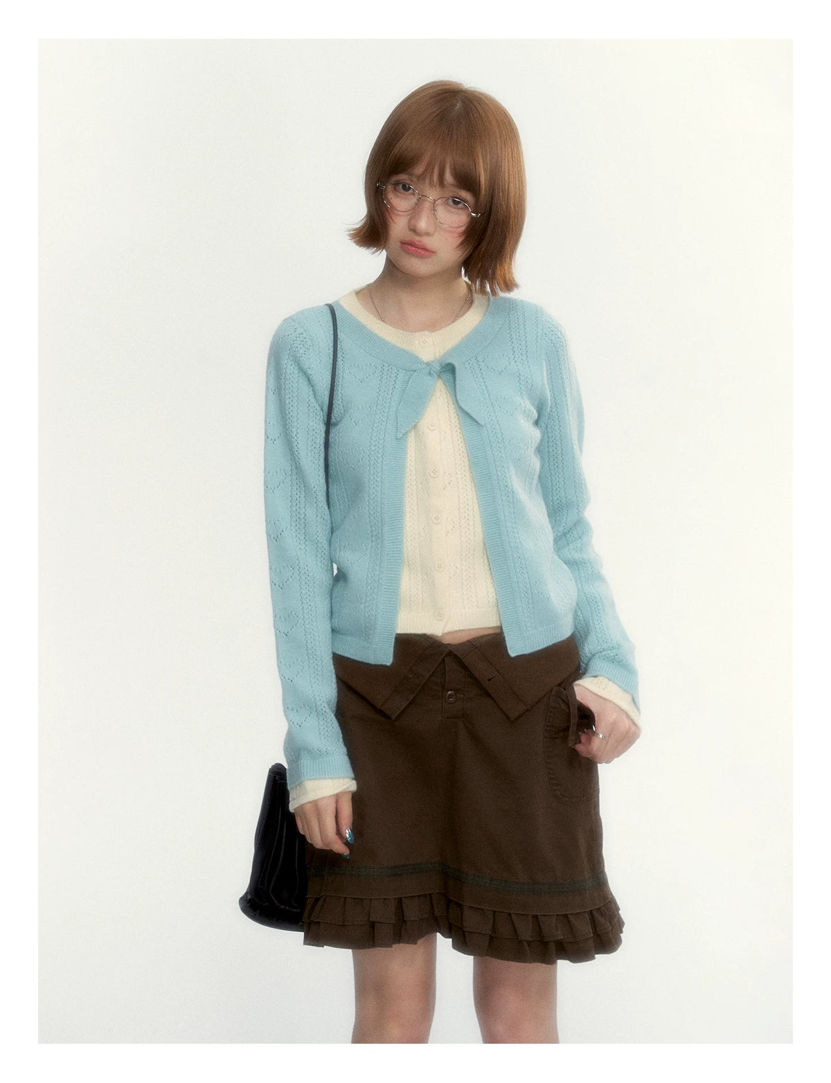 “Wild Caramel” Brown Washed Layered Ruffle Bow Pocket A-Line Skirt