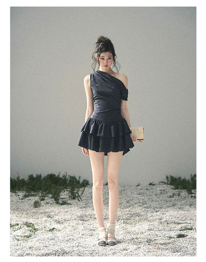"Moonlit Bellflower Reverie" Navy Plaid One-Shoulder Mini Dress 567474