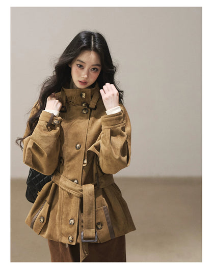 AOMALM - Chestnut Brown Faux-Suede Cropped Utility Coat with Belt