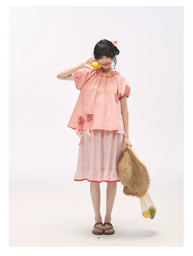 "Pink Grapefruit Bloom" Grapefruit Red Rose Puff Sleeve Blouse