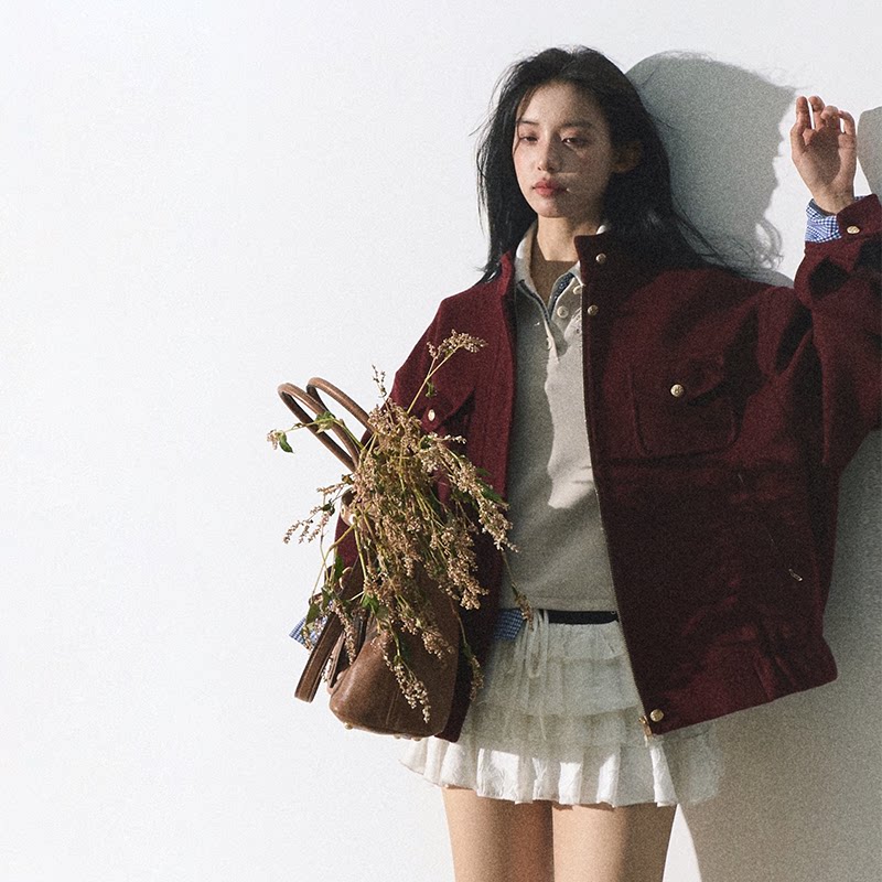 OAKMOO/ "Plum Blossom Mood" Angora Red Wool-Blend Harrington Jacket
