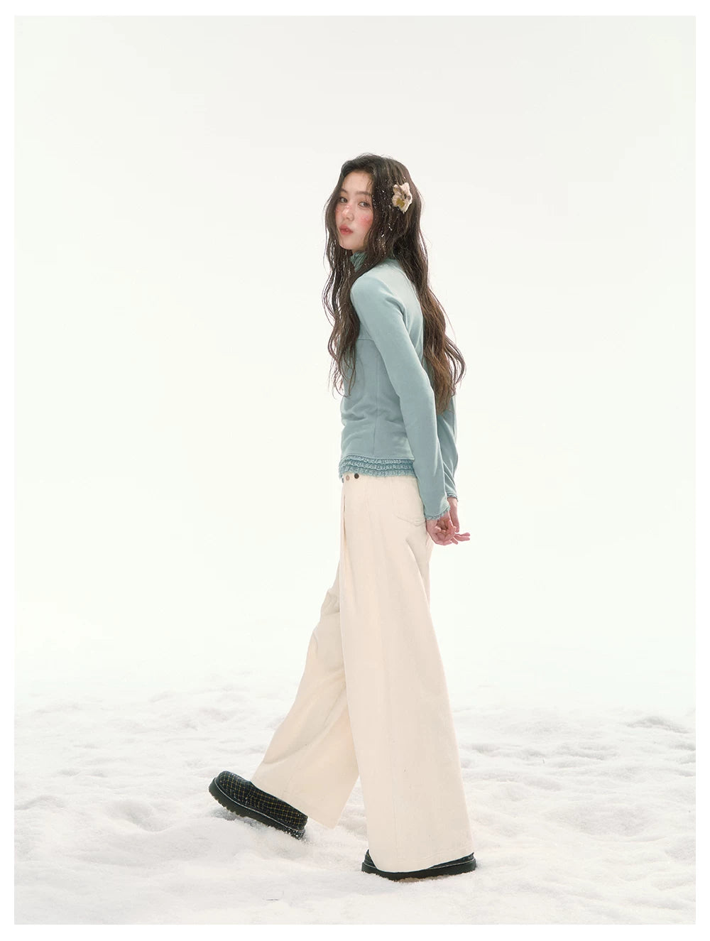 CANSTORE - "Bean Paste & White Peach" Ivory Corduroy Wide-Leg Trousers