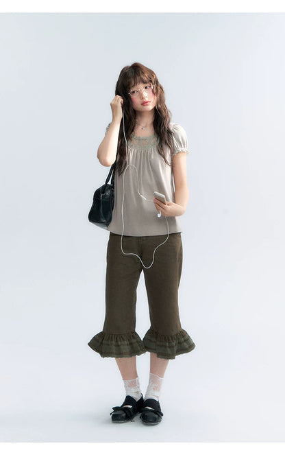 "Vintage Cream" Milk Gray Lace Trim Puff Sleeve T-Shirt
