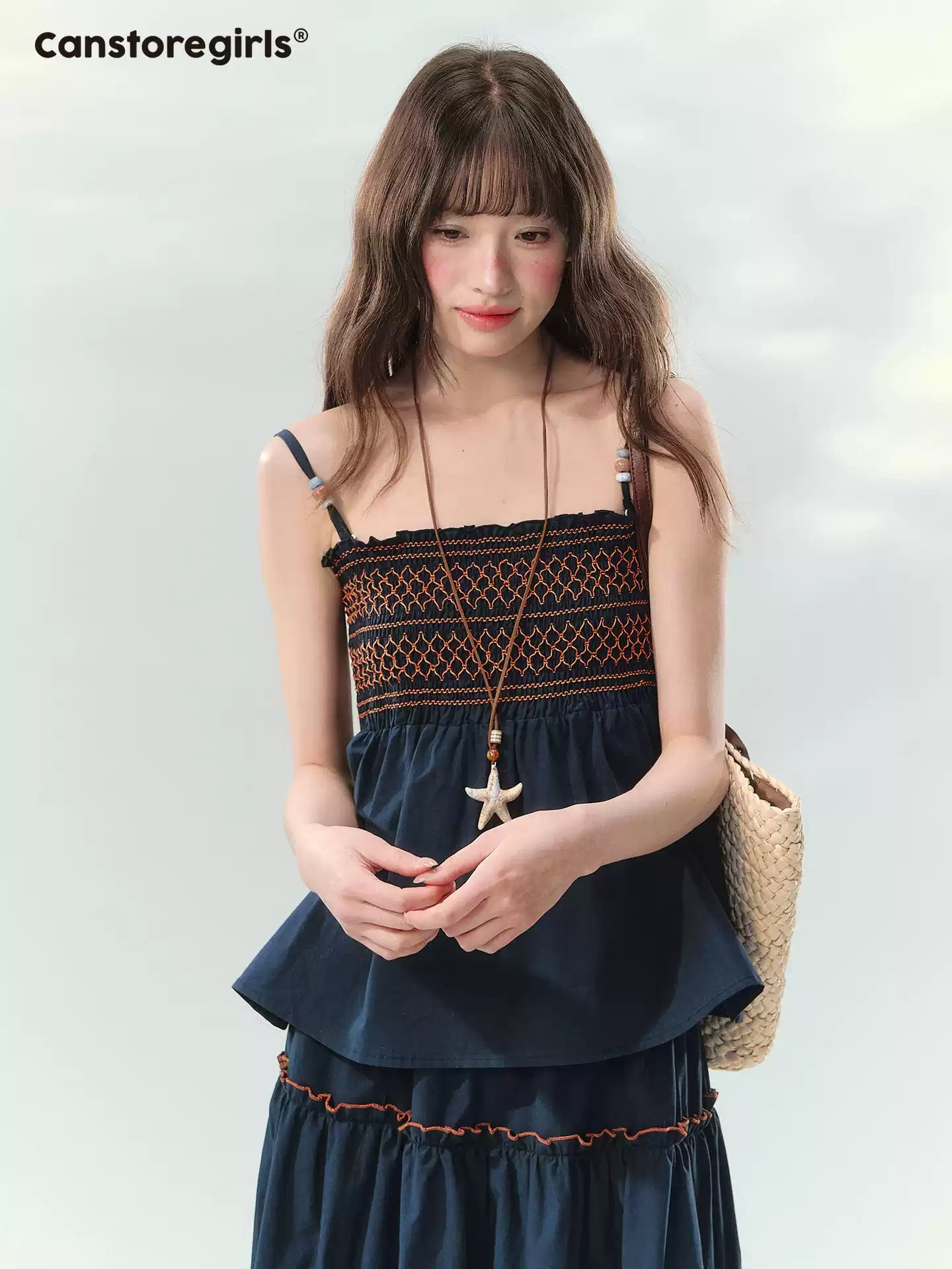 “Bohemian Travel Notes” Navy Beaded Cami & Tiered Maxi Skirt Set