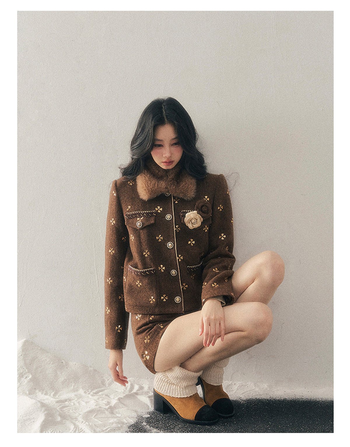 少也眼 "Deep Winter Wutong" Quilted Wool Tweed Two-Piece Set
