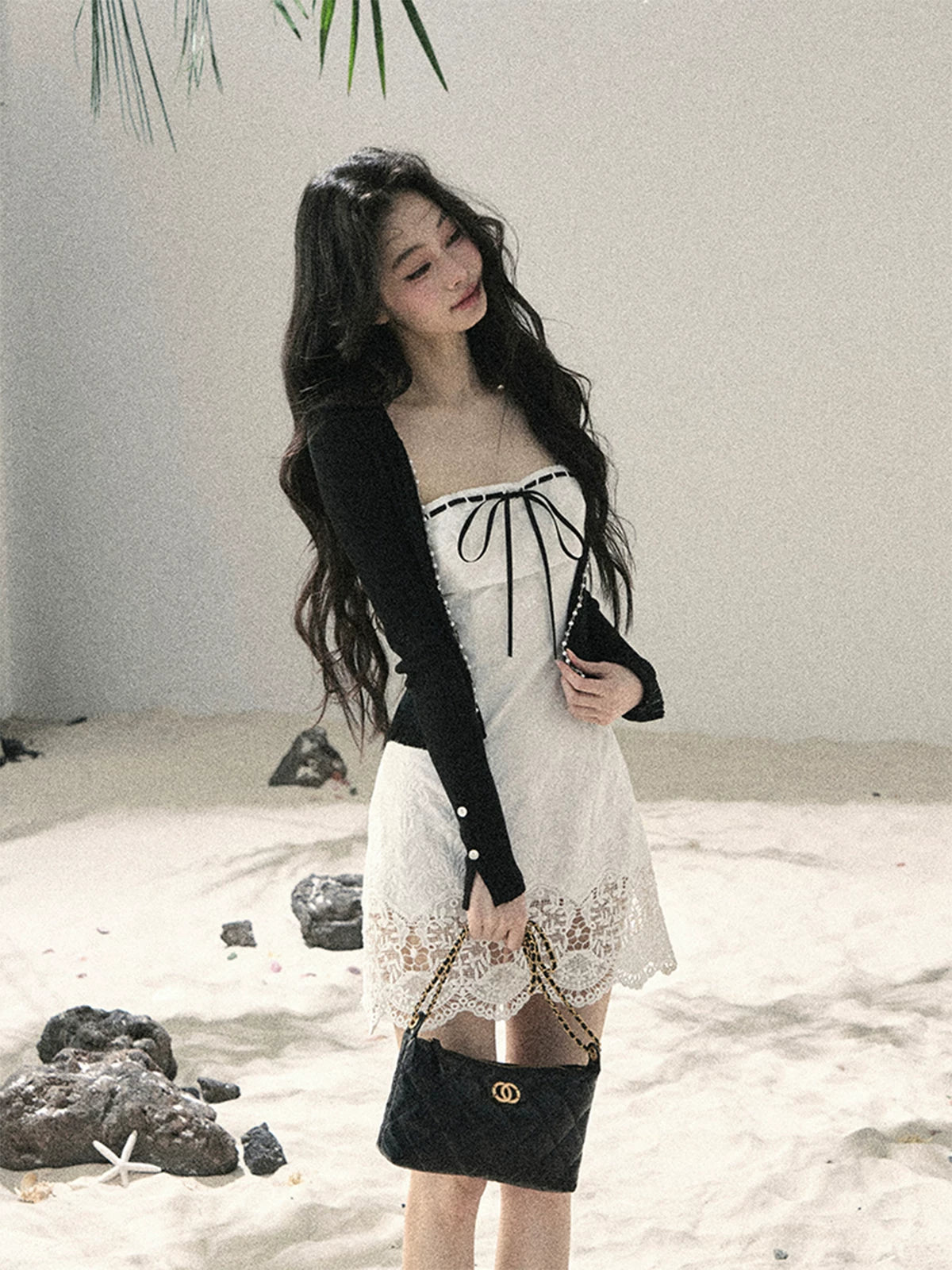 "Moonwoven Reverie" Cloud White Lace Bodycon Mini Dress & Serenity Black Cardigan 5132