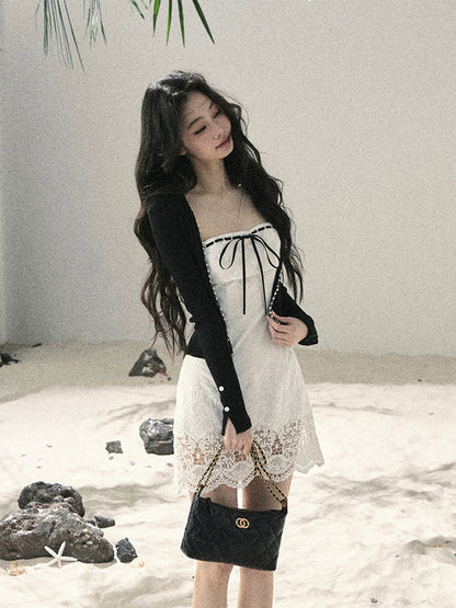 "Moonwoven Reverie" Cloud White Lace Bodycon Mini Dress & Serenity Black Cardigan 5132