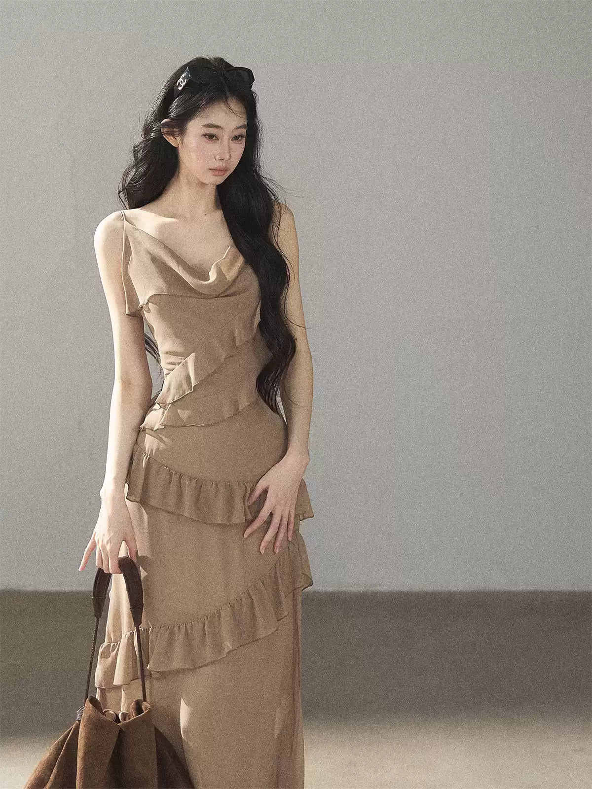 AOMALM - Cinnamon Gray-Brown Ruffle Chiffon Maxi Dress