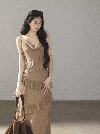 AOMALM - Cinnamon Gray-Brown Ruffle Chiffon Maxi Dress