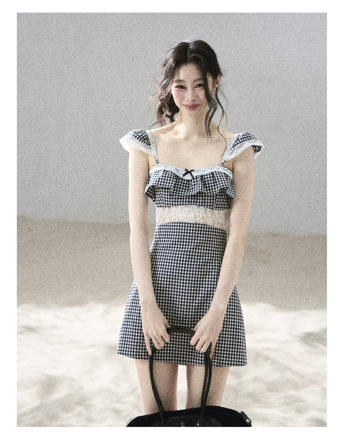 "Her in the Old Film" French Lace Plaid A-Line Mini Dress