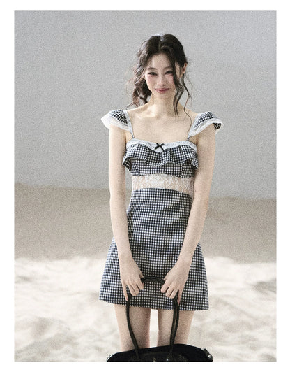"Her in the Old Film" French Lace Plaid A-Line Mini Dress