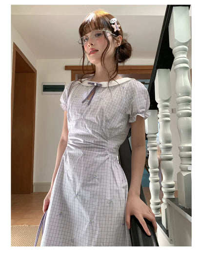 [RF] “Taro Milk Pudding” Purple Plaid Ruffle Midi Dress