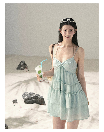 "Mossy Stone Steps" Primrose Green Tiered Cami Mini Dress